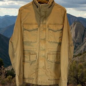 Old Navy Utility Canvas Jacket Small Khaki Hooded Cargo Pockets Military Style